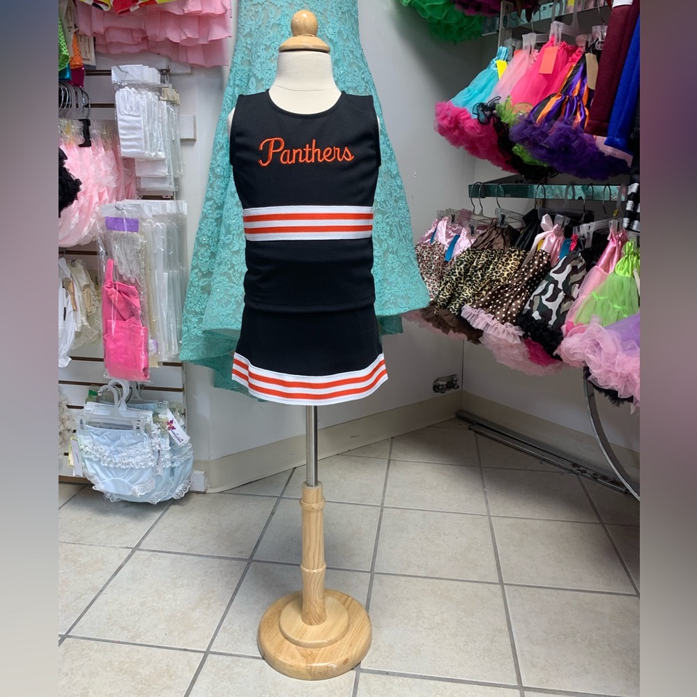 Kids 5-12 Black & Orange Panthers Logo Cheerleader Cheerleading Uniform Set NWT